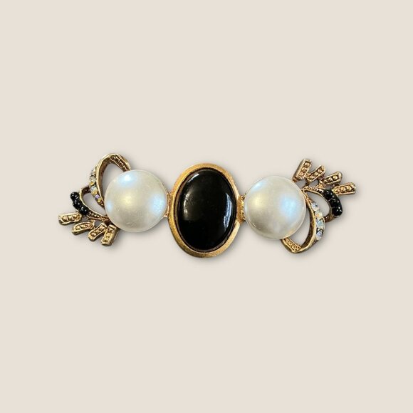 Vintage  faux Pearl &  faux Onyx Art Deco Inspired Brooch Gold Tone - Picture 3 of 5